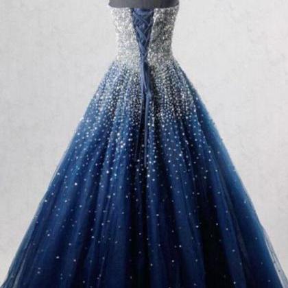 A-line Blue Sweetheart Sequin Tulle Long Prom..