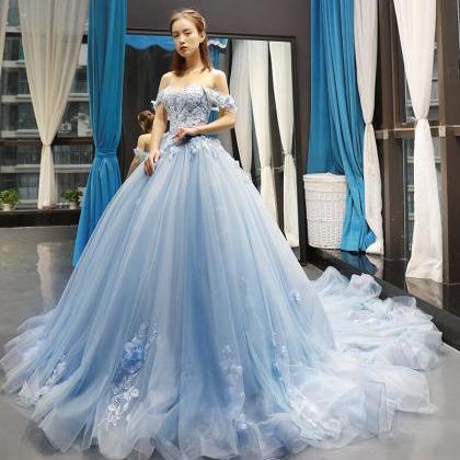 Off The Shoulder Light Blue Long Prom Dress With..
