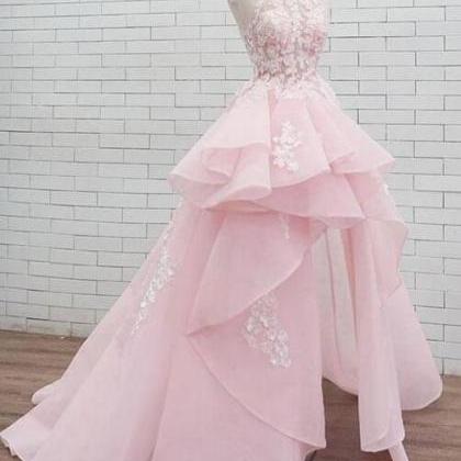 Round Neck Lace Pink Long Prom Dress, Sweet 16..