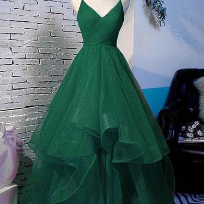 Spaghetti Straps Long Dark Green Tulle Prom Dress..