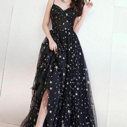 Simple Black V Neck Tulle Long Prom Dresses