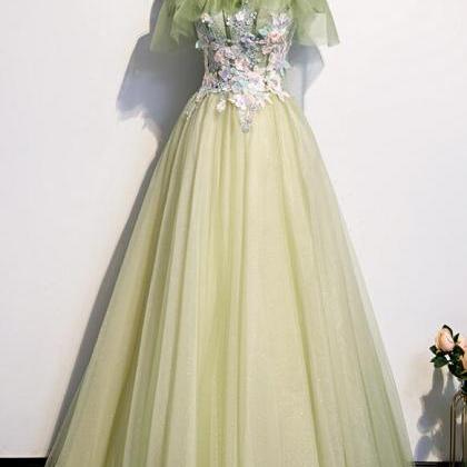 A Line Green Tulle Lace Long Prom Dress