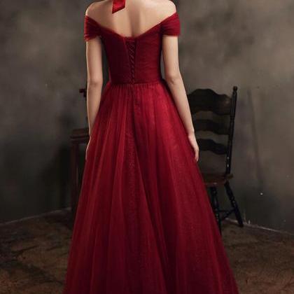 A Line Burgundy Tulle Long Prom Dress Evening..