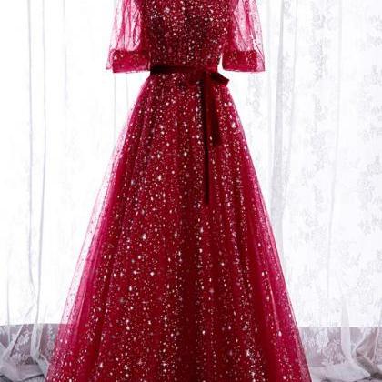 Floor Length Burgundy Tulle Long Prom Dress..