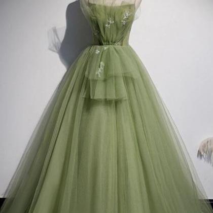 A Line Green Tulle Long Sweet 16 Prom Dress Formal..