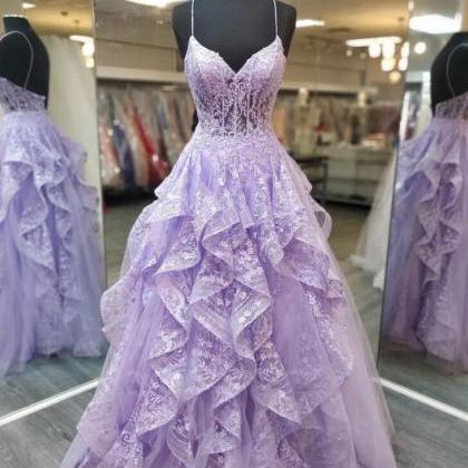 Spaghetti Staps Lilac Long Prom Dresses Evening..
