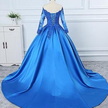 Royal Blue Satin V Neck Sweep Train Prom Dress..