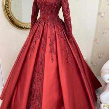 A Line Red Long Sleeve Prom Dress