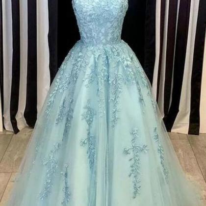 A Line Blue Tulle Lace Long Prom Dress