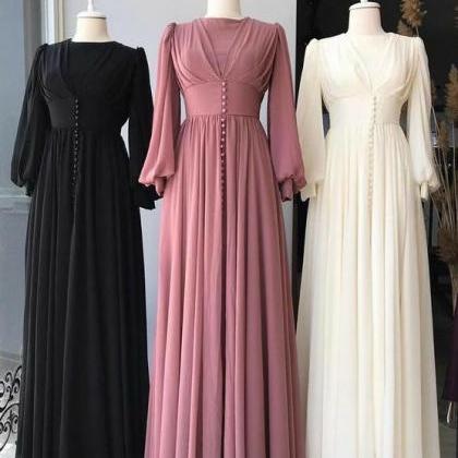 Simple A Line Chiffon Long Prom Dresses With Long..