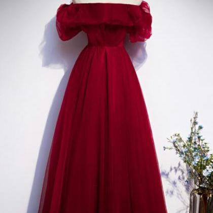 A Line Off Shoulder Burgundy Tulle Long Prom Dress