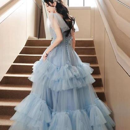A-line Tulle Blue Long Prom Dress, Formal Dress