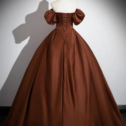 Brown A-line Satin Long Brown Prom Dresses
