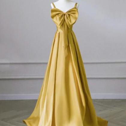 A-line Sweetheart Neck Satin Yellow Long Prom..