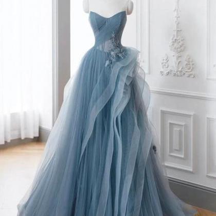 A-line Off Shoulder Tulle Lace Gray Blue Long Prom..