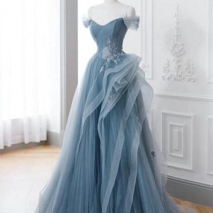 A-line Off Shoulder Tulle Lace Gray Blue Long Prom..