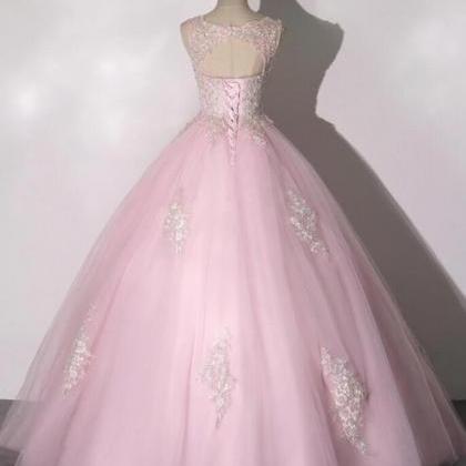 Beauty Ball Gown Pink Tulle Lace Long Formal Dress