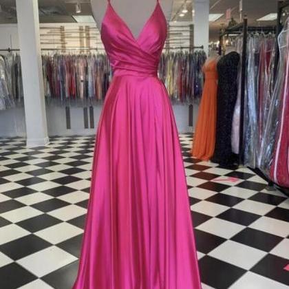 A Line Pink V Neck Satin Evening Dress