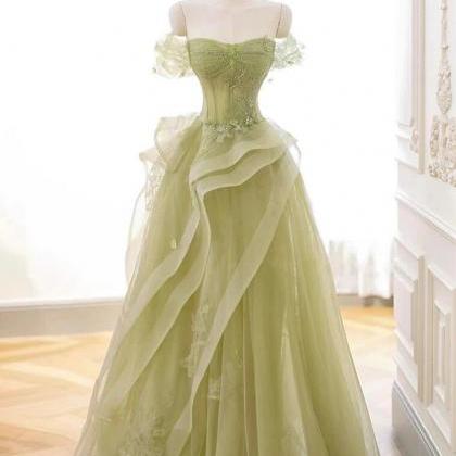 A-line Off Shoulder Green Tulle Lace Prom Dress,..