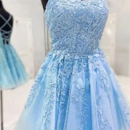 Straps Light Blue Lace Formal Short Homecoming..