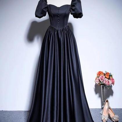 A-line Satin Black Long Prom Dress With Puff..