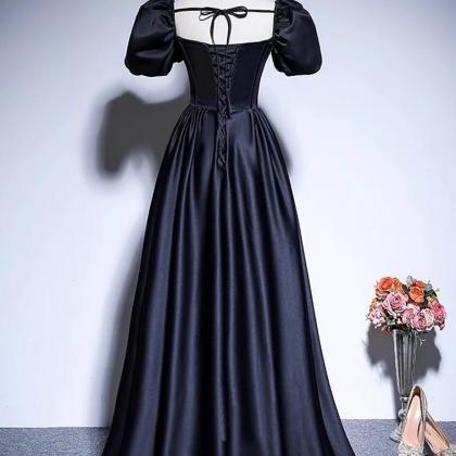 A-line Satin Black Long Prom Dress With Puff..