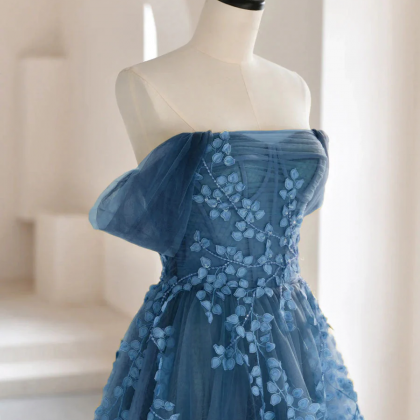 Enchanted Evening Blue Tulle Gown With Floral..