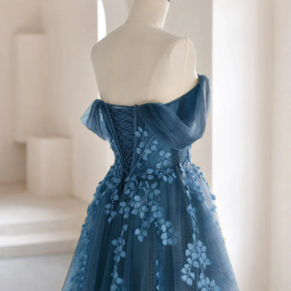 Enchanted Evening Blue Tulle Gown With Floral..