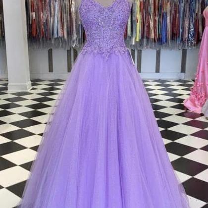 A Line Floor Length Purple Lace Prom Dresses