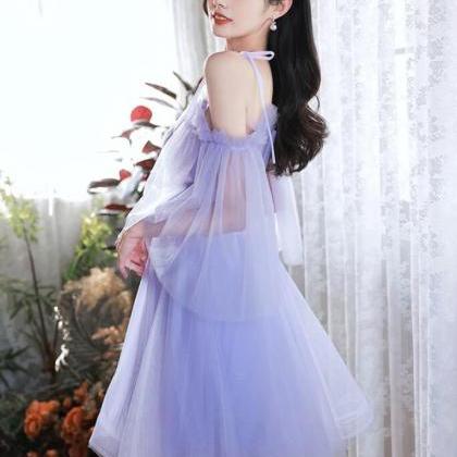 A-line Purple V Neck Tulle Short Homecoming..