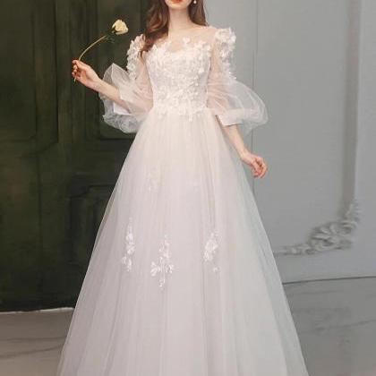 A-line Round Neck White Tulle Lace Long Prom..