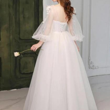 A-line Round Neck White Tulle Lace Long Prom..