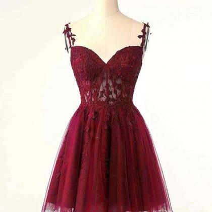 A-line Tulle Lace Short Prom Dress,burgundy..