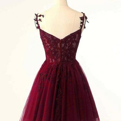 A-line Tulle Lace Short Prom Dress,burgundy..