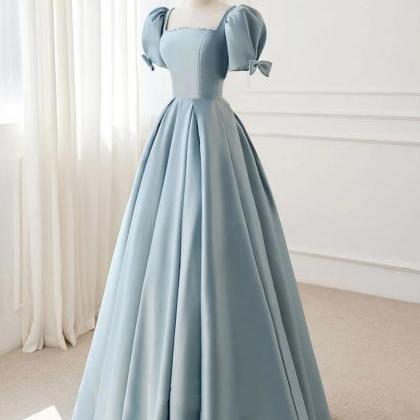 A-line Blue Satin Long Prom Dresses
