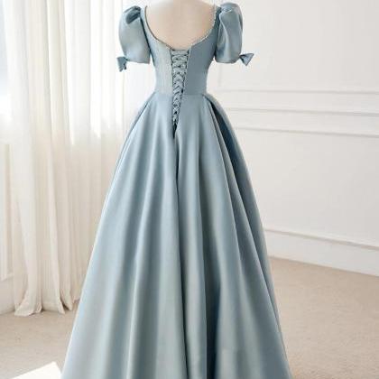 A-line Blue Satin Long Prom Dresses
