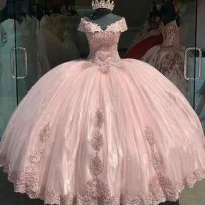 Ball Gown Off Shoulder Pink Quinceanera Dresses..