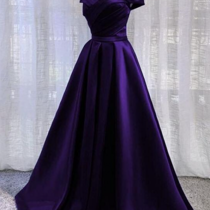 Off Shoulder A Line Dark Purple Satin Long Prom..