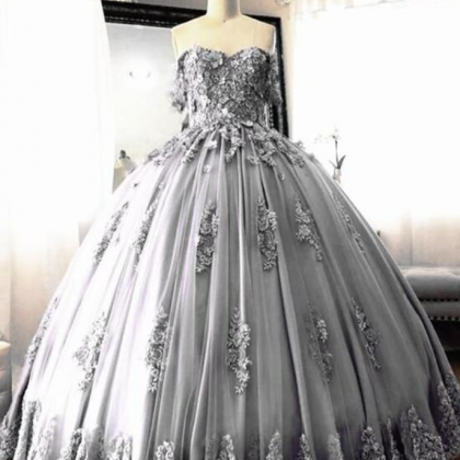 Charming Off Shoulder Silver Ball Gown Lace Prom..