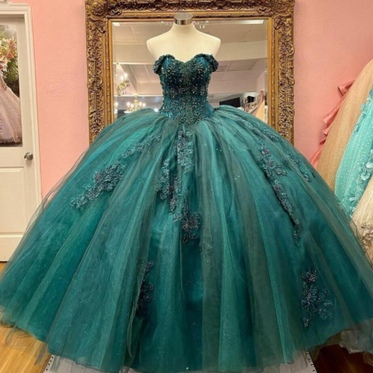 Charming Off Shoulder Green Ball Gown Prom Dress..