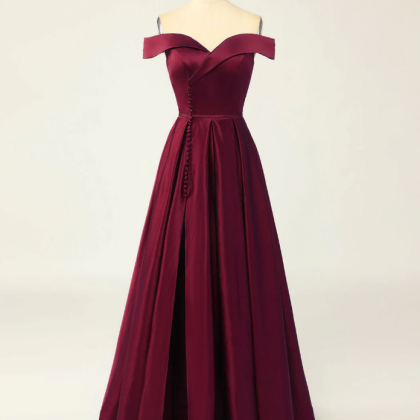 A-line Wine Red Stain Off Shoulder Long Prom..