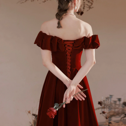 A-line Off Shoulder Velvet Burgundy Prom Dresses
