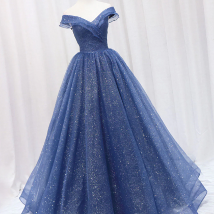 Off Shoulder Dark Blue Tulle Long Prom Dress For..