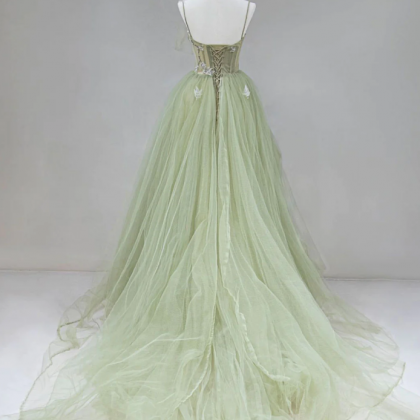 A-line Mermaid Green Tulle Long Prom Dresses
