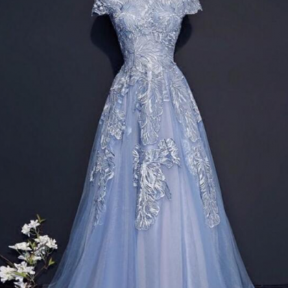 Wonderful High Neck Lace Appliqued Blue Long Prom..
