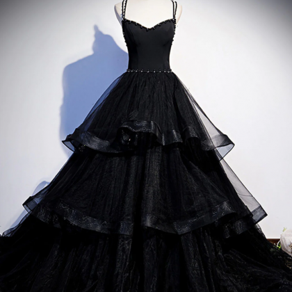 Beauty Black V Neck Tulle Long Prom Dress With..