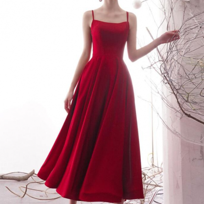 Simple Red Satin Tea Length Prom Dress
