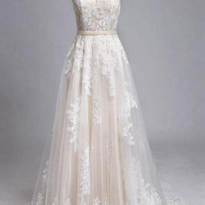 Champagne Round Neck A Line Tulle Lace Weeding..