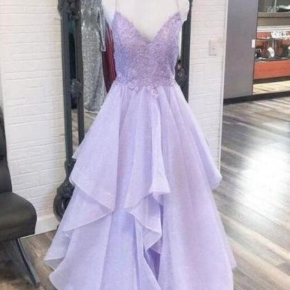 A Line Straps Purple V Neck Tulle Lace Long Prom..