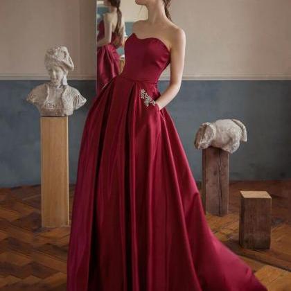 Simple Burgundy Satin Long Prom Dress, Evening..